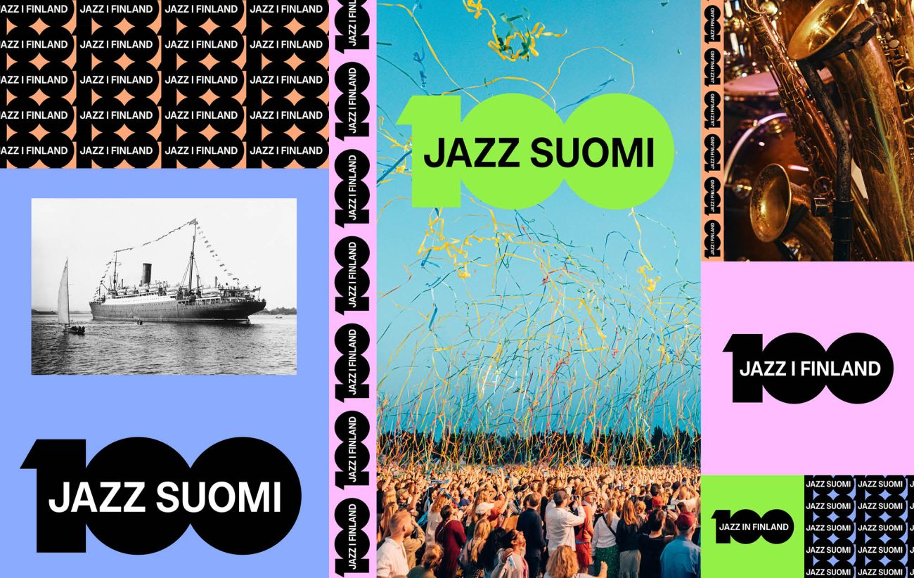 Jazz Suomi 100 -juhlavuoden logoja ja kuvituskuvia kollaasina eri väreissä.
